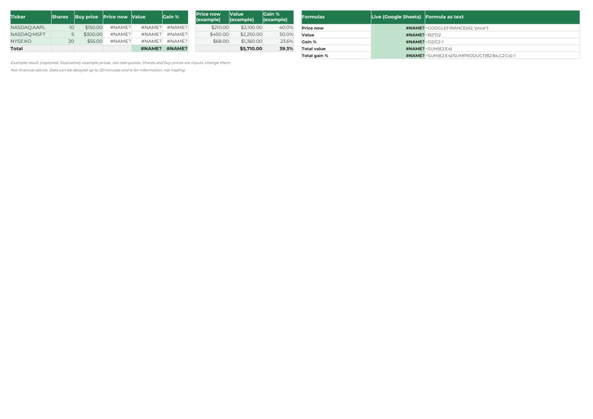 Preview of GOOGLEFINANCE: 6 live examples (free file)