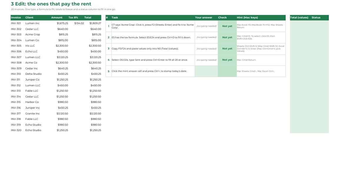 Preview of Spreadsheet shortcuts: practice workbook (free file)
