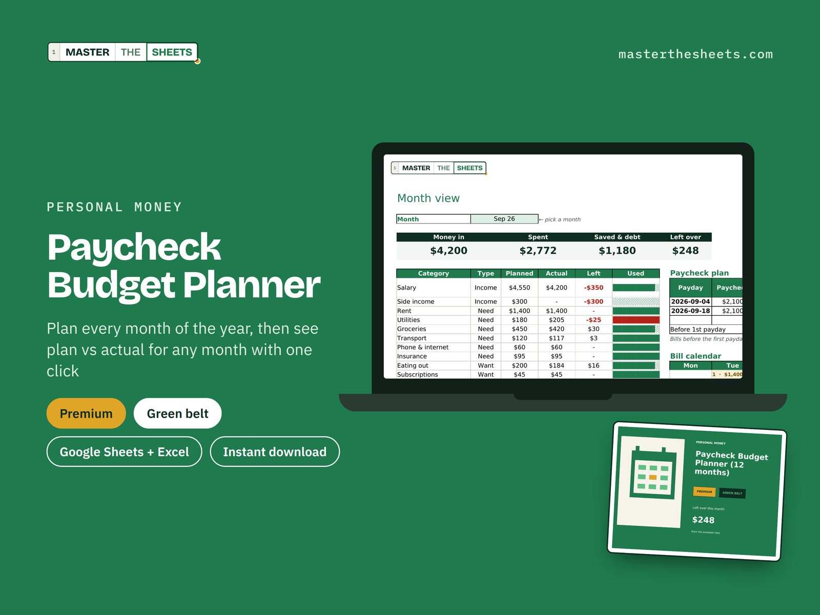 Paycheck Budget Planner (Premium) Google Sheets template