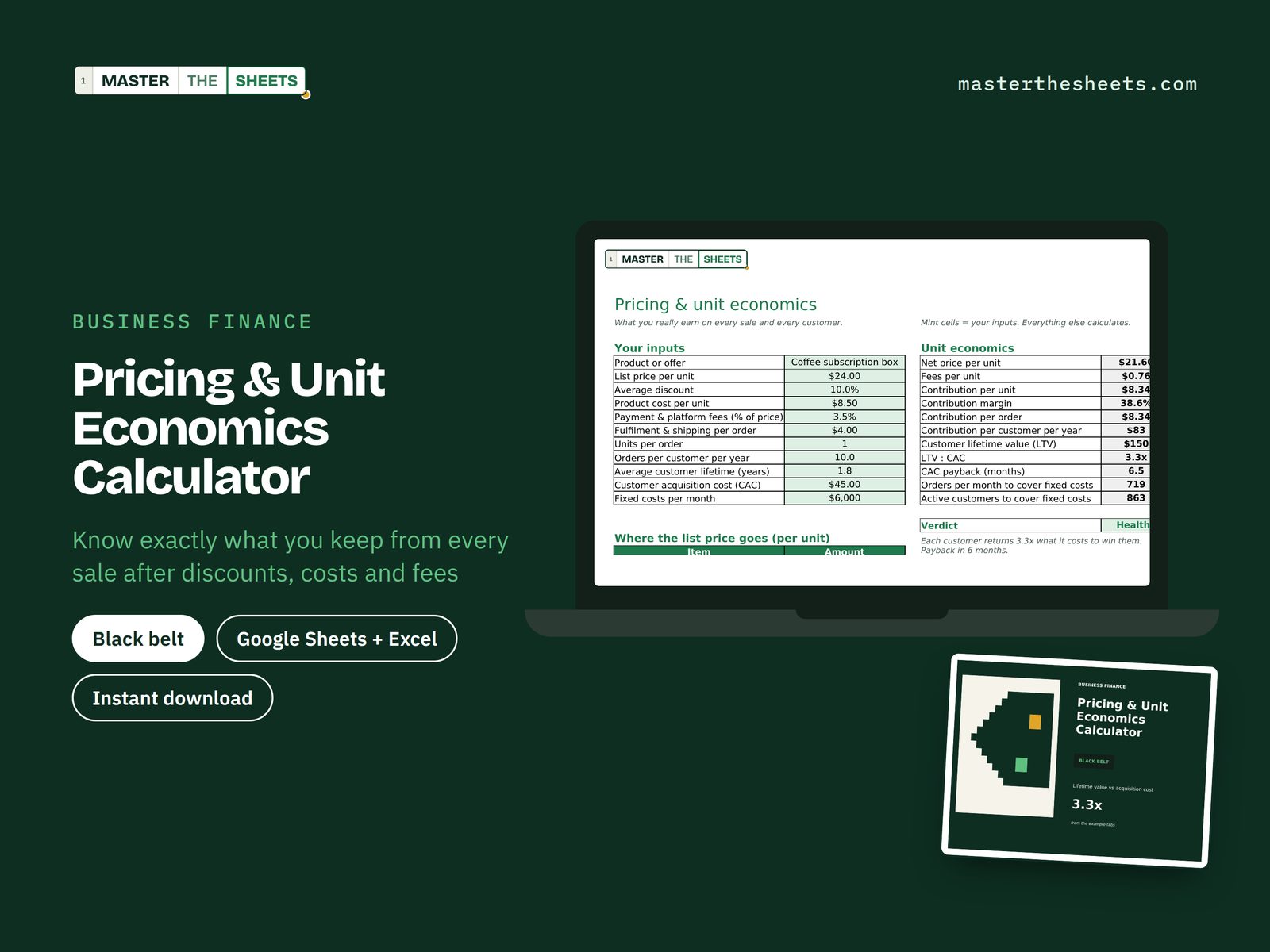 Pricing & Unit Economics Calculator Google Sheets template