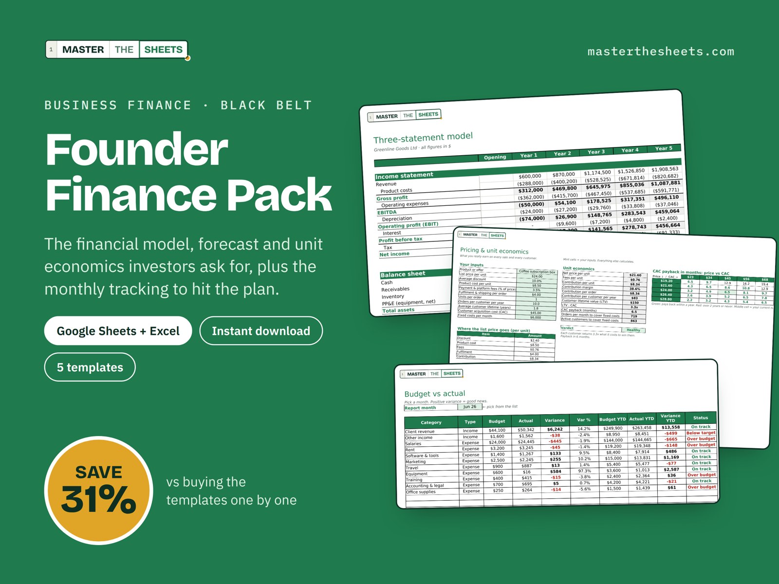 Founder Finance Pack: bundle of 5 Google Sheets templates