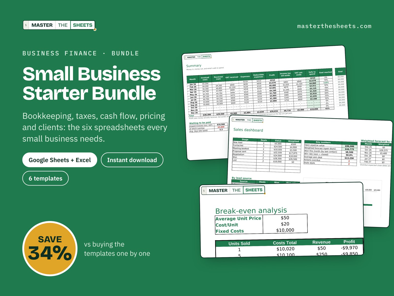 Small Business Starter Bundle: bundle of 6 Google Sheets templates